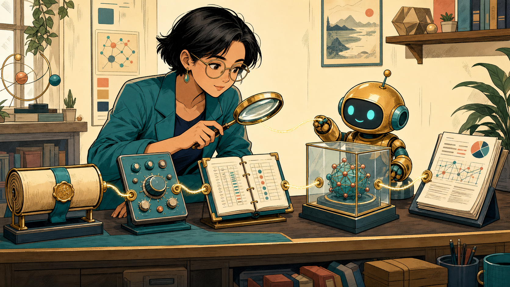 Rhea and Orbit inspect the linked code, configuration, data, model, and report artifacts at a workbench.